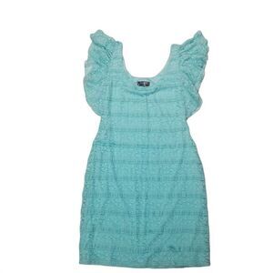 Guess Los Angeles Womens Small Turquoise Tiered Lace Scoop Flutter Sleeves Dress